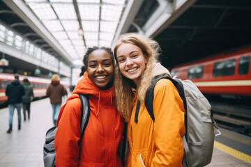 Two young  female backpackers are on Amsterdam train station