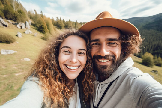 Generative AI image of funny couple traveling together in beautiful nature enjoying summer autumn season and taking selfies