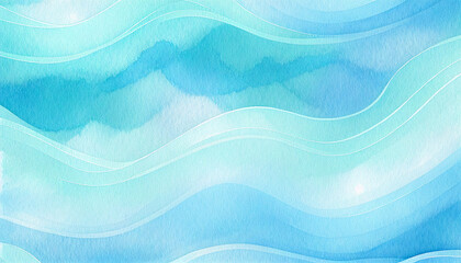 Ocean water waves illustration, blue wavy lines for copy space text. Teal lake wave flowing motion web banner. Sea foam watercolor effect backdrop. Pool water fun ripples abstract cartoon