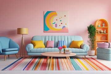 Modern interior. Vibrant pastel girly living room, cozy blue couch, pastel pillows and colorful painting at walls. Generative AI.