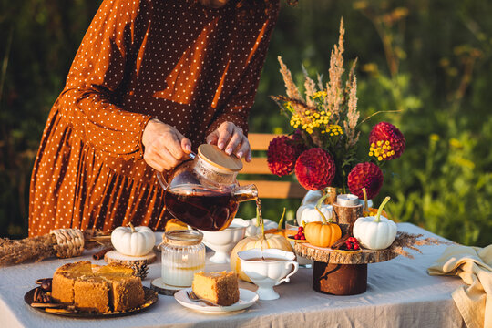 Beautiful happy young woman on a meadow arranging table for outdoor autumn event, tea party with homemade pumpkin cake. Wedding or romantic date decoration in the field with red dahlia