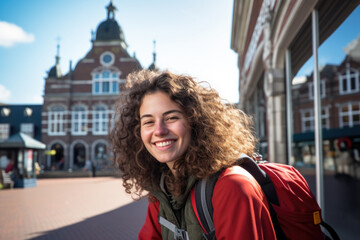 Young Dutch woman on Amsterdam train station - obrazy, fototapety, plakaty