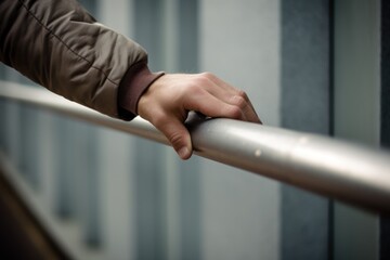 the hand is holding on to the railing.