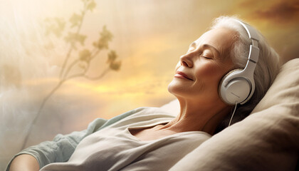 Happy relaxed old woman lying on a pillow listening to meditative music in headphones
