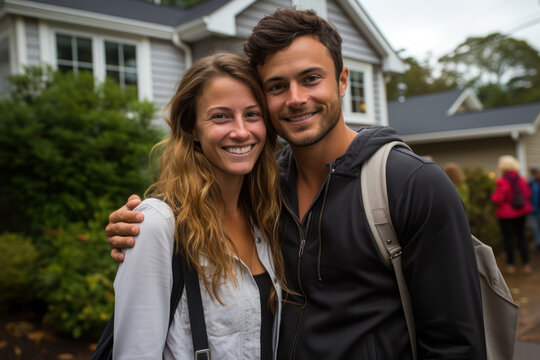 A Young Couple Stands Together, Hugging Happily In Front Of Their New House To Start A New Life. Generative AI.