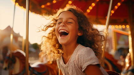 A happy young girl expressing excitement while on a colorful carousel, merry-go-round, having fun at an amusement park smile, happiness, bright childhood. Generative AI - obrazy, fototapety, plakaty