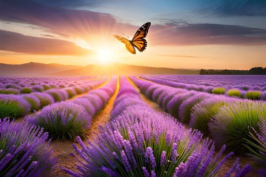 a vibrant summer scene with a golden sun casting warm rays on a field of lavender flowers. A butterfly hovers above, caught in mid-flight, amidst the shimmering bokeh © Muhammad