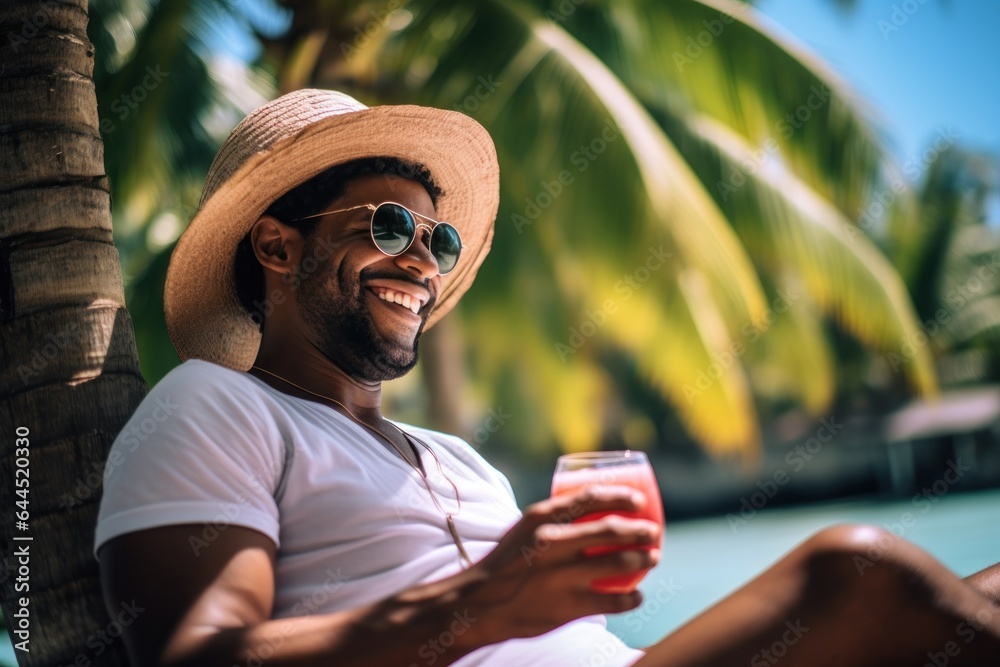 Wall mural A man under a palm tree wearing a straw hat with a cocktail.