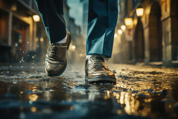 Close-up of a young businessman's feet sprinting up the stairs in an office, symbolizing ambition and progress. Generative Ai.