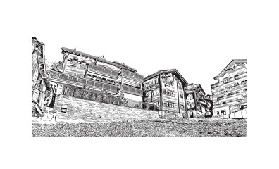 Building view with landmark of Saas Fee is the village in Switzerland. Hand drawn sketch illustration in vector.