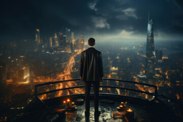 Fototapeta na wymiar A businessman in a suit and cape, standing heroically on a rooftop, contemplating a future business plan against a nighttime cityscape. Generative Ai.