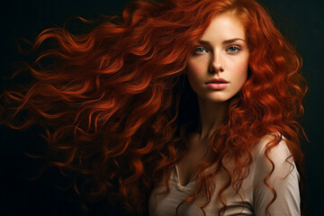 Fototapeta premium Generative AI portrait of fashion model red hair girl advertising hair coloring salon