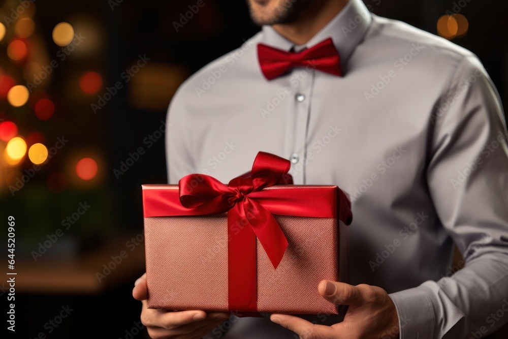 Aufkleber man with a gift box with a red bow for the new year.