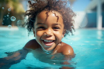 Portrait of happy person smiling at camera having fun swimming pool spending summer holiday aqua park center made with generative AI