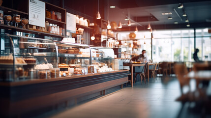Fototapeta premium A Blurry or out - of - focus image of coffee shop interior or abstract coffee shop for background. showcasing crisp details and a shallow depth oujikhnf field photography