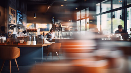  A Blurry or out - of - focus image of coffee shop interior or abstract coffee shop for background. showcasing crisp details and a shallow depth oujikhnf field photography