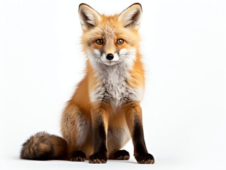 A red fox sitting and looking at the camera on a white studio background