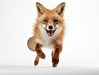 A red fox jumping on a white studio background