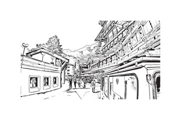 Building view with landmark of Saas Fee is the village in Switzerland. Hand drawn sketch illustration in vector.