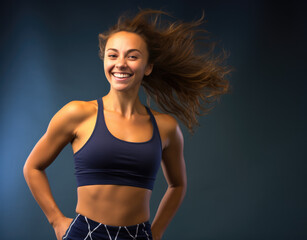 Fototapeta na wymiar An athletic, diverse, mixed woman wearing sports clothing stands proudly in front of a colorful gradient backdrop, embodying empowerment and active lifestyle.
