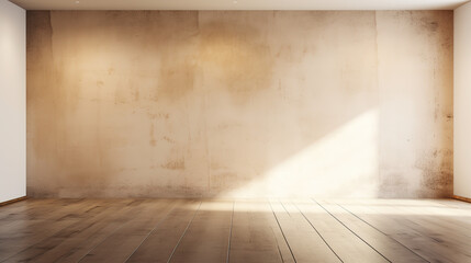 A Modern Stucco loft Wall Background, stucco wall with dark brown wooden floor, blurred lights and shadows shining through window onto wall and floor