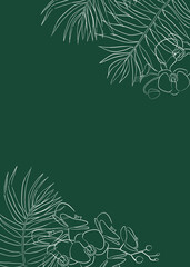 Tropical leaves and flowers border illustration, white outlines on dark green