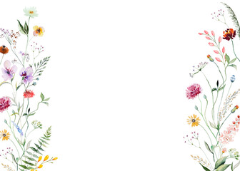 Frame made of watercolor wild flowers and leaves, summer wedding and greeting illustration