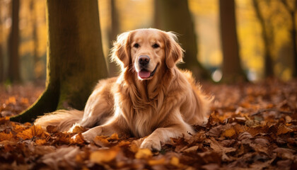 A cute, happy dog frolicking in a pile of leaves during Autumn, capturing the essence of seasonal joy