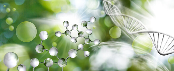 image of stylized dna chains on a blurred background. 3D-image