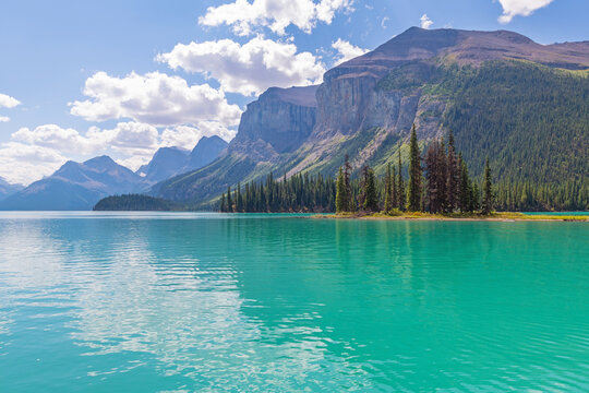 Maligne Lake summer reflection with canadian rockies, Jasper national park, Canada.