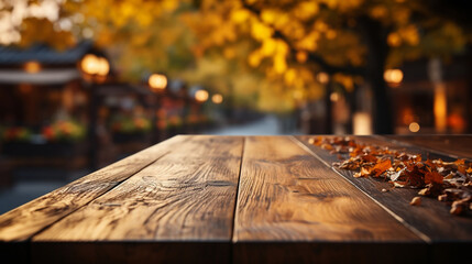 Wooden table on autumn background.