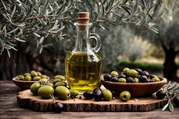olives and olive oil on wooden table