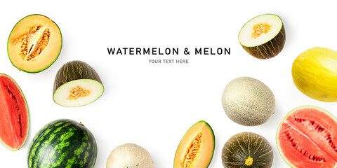 Watermelon and melon frame border isolated on white background.