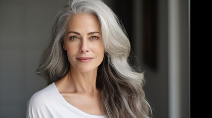 Fototapeta premium beauty portrait of caucasian woman with long grey hair, ai generated