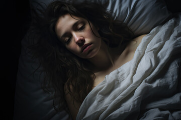 portrait of young  woman in bed looking sad, ai generated