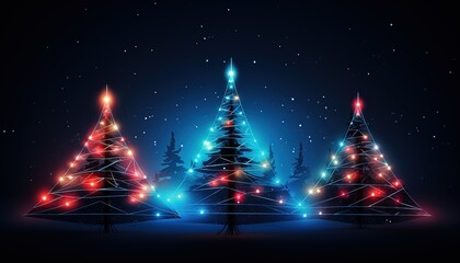 Christmas card, neon tree, postcard template or banner
