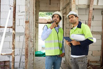 workers or architects working on walkie talkie and looking to something at construction site