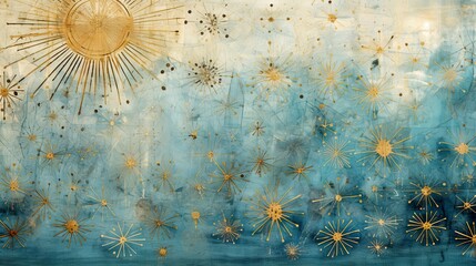 Stars, suns, circles, dots, sun beams and lines shapes in gold and blue hues. Weathered, watered beautiful journal paper texture. Seamless retro flower, nature design, texture and pattern.