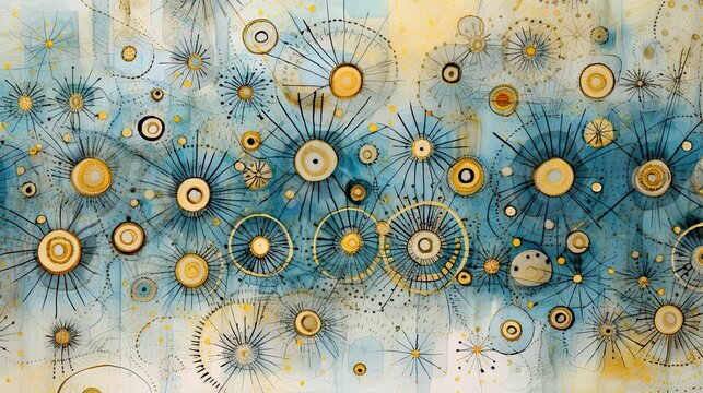 Stars, suns, circles, dots, sun beams and lines shapes in gold and blue hues. Weathered, watered beautiful journal paper texture. Seamless retro flower, nature design, texture and pattern.