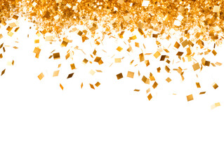 Cascade of Gold Confetti Frozen Mid-Air Against White Background Radiating Magical Light.
