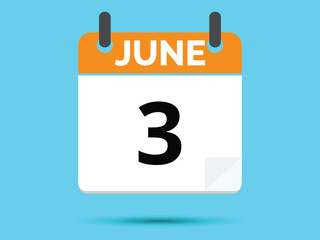 3 June. Flat icon calendar isolated on blue background. Vector illustration.