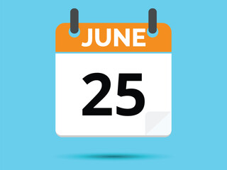 25 June. Flat icon calendar isolated on blue background. Vector illustration.