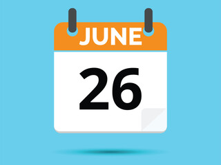 26 June. Flat icon calendar isolated on blue background. Vector illustration.