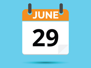 29 June. Flat icon calendar isolated on blue background. Vector illustration.