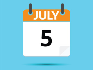 5 July. Flat icon calendar isolated on blue background. Vector illustration.
