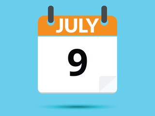 9 July. Flat icon calendar isolated on blue background. Vector illustration.