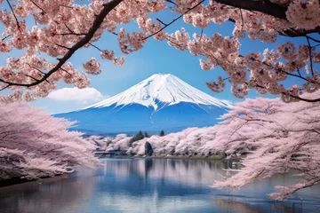 Küchenrückwand glas motiv Fuji sakura tree and mountain fuji on background