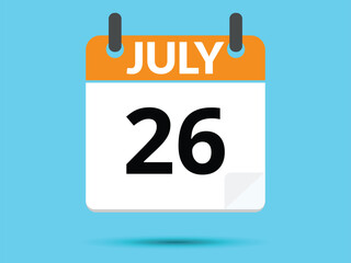 26 July. Flat icon calendar isolated on blue background. Vector illustration.