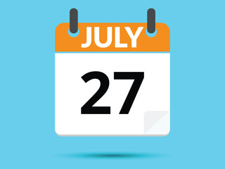 27 July. Flat icon calendar isolated on blue background. Vector illustration.