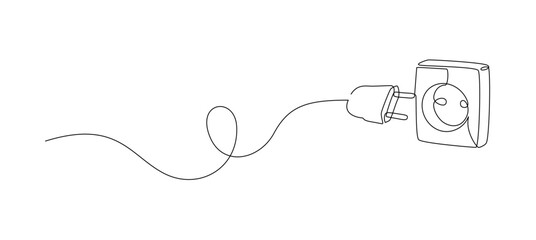One continuous line drawing of plug inserting into electric outlet. Power socket energy disconnect in simple linear style. Concept of 404 error connection. Editable stroke. Doodle vector illustration